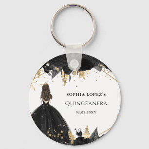 Rustic Black Guld Blommigt Princess Quinceanera Nyckelring