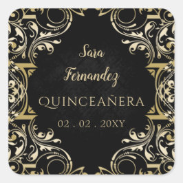 Rustic Black Guld Elegant Quinceanera Fyrkantigt Klistermärke
