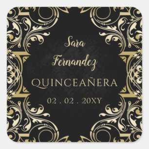 Rustic Black Guld Elegant Quinceanera Fyrkantigt Klistermärke