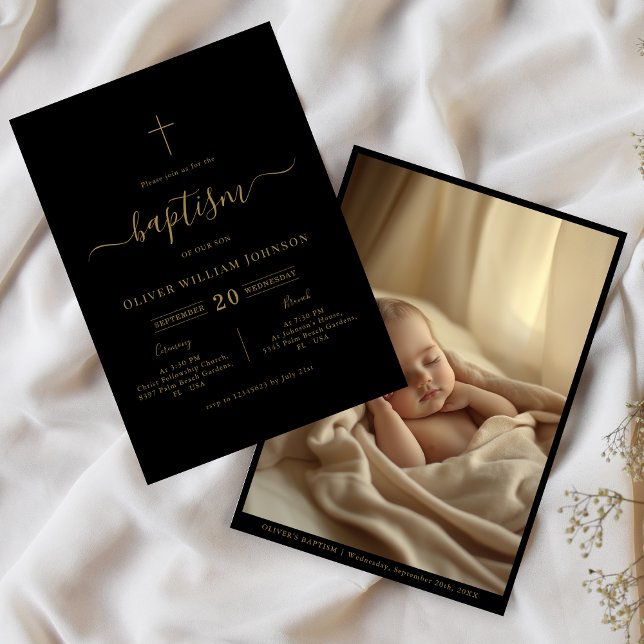 Rustic Black & Guld Photo Gender Neutral Baptism Inbjudningar (Skapare uppladdad)