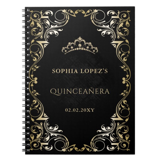 Rustic Black Guld Princess Tiara Quinceanera Anteckningsbok (Framsidan)