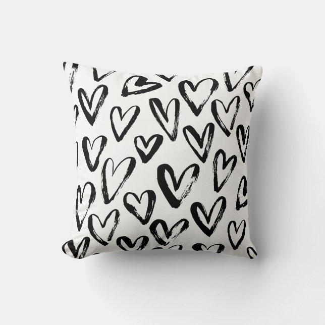 Rustic Black Hearts Monochrome Mönster Kudde (Framsida)
