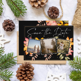 Rustic Black Höst löv Tre foto Bröllop Spara Datumet