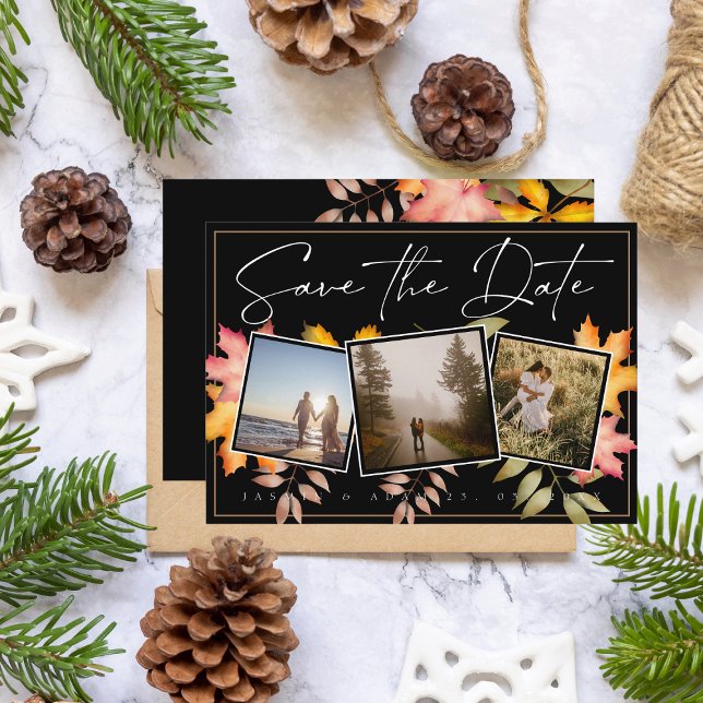 Rustic Black Höst löv Tre foto Bröllop Spara Datumet (Skapare uppladdad)