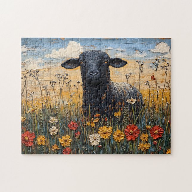 Rustic Black Lamb med Wildblommor Art Pussel (Horisontell)