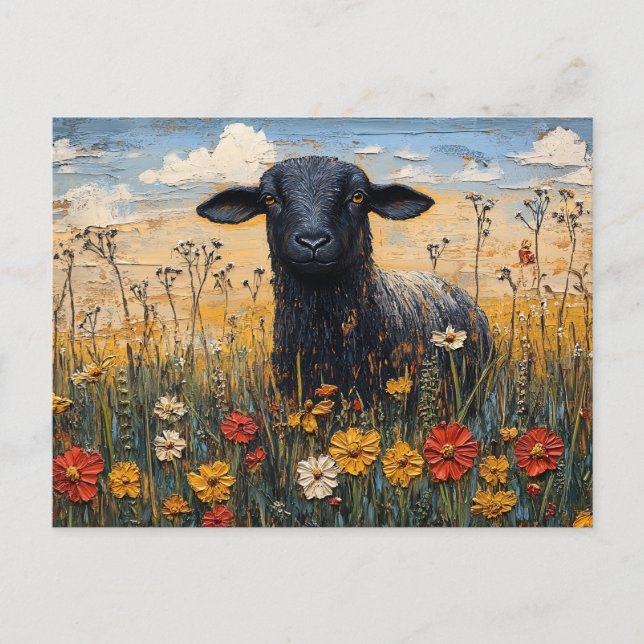 Rustic Black Lamb med Wildblommor Art Vykort (Framsida)