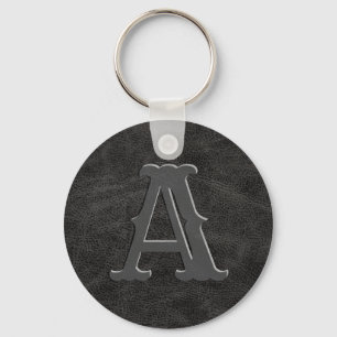 Rustic Black Leather Struktur Monogram Initial Nyckelring