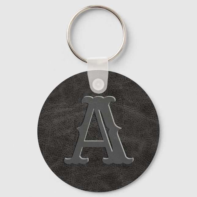 Rustic Black Leather Struktur Monogram Initial Nyckelring (Framsida)
