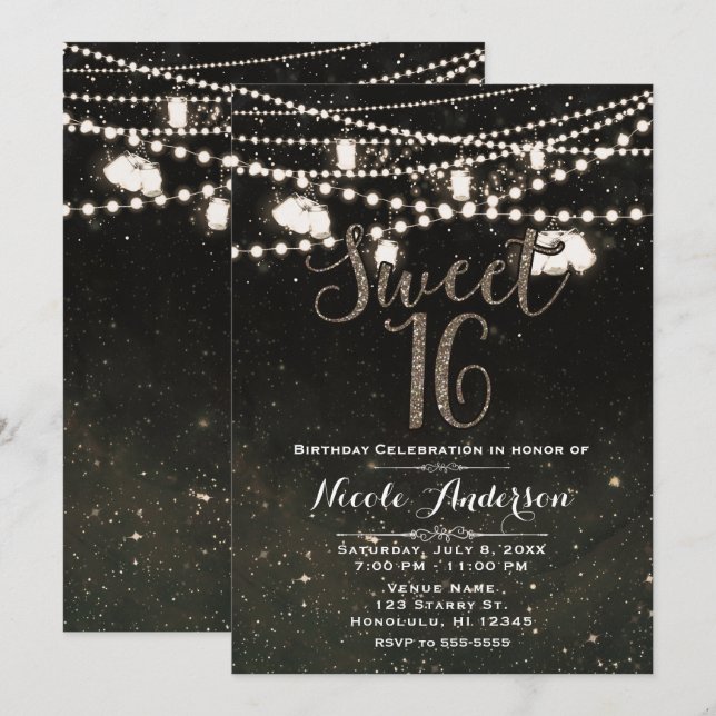 Rustic Black Night Himlar Mason Burk Ljus SWEET 16 Inbjudningar (Fram/baksida)