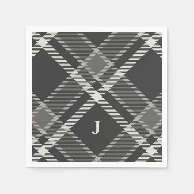 Rustic Black och Grått Tartan Play med Monogram Pappersservett (Framsidan)
