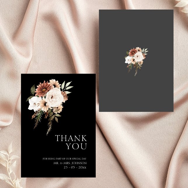 Rustic Black och Peach Blommigt Bröllop Tack Kort (Rustic Black and Peach Floral Wedding Thank You)