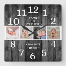 Rustic Black Reclaim Wood 4 Photo Family Quote Fyrkantig Klocka