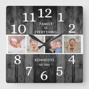 Rustic Black Reclaim Wood 4 Photo Family Quote Fyrkantig Klocka