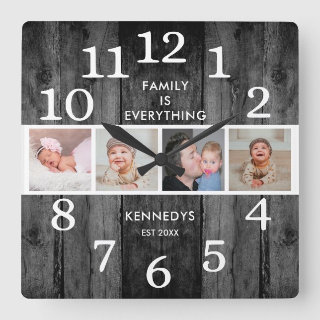 Rustic Black Reclaim Wood 4 Photo Family Quote Fyrkantig Klocka (Framsida)
