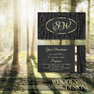 Rustic Black Träd Bark Oval Guld Gräns Monogram Visitkort