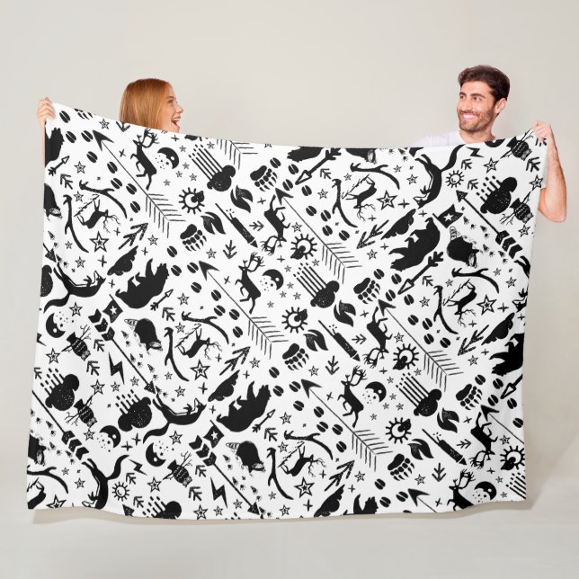 Rustic Black Uggla Bear Hjort Fox Woodland Mönster Fleecefilt (På plats)