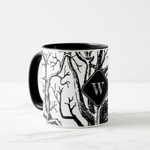 Rustic Black White Abstrakt Träd Grenar Monogram Mugg