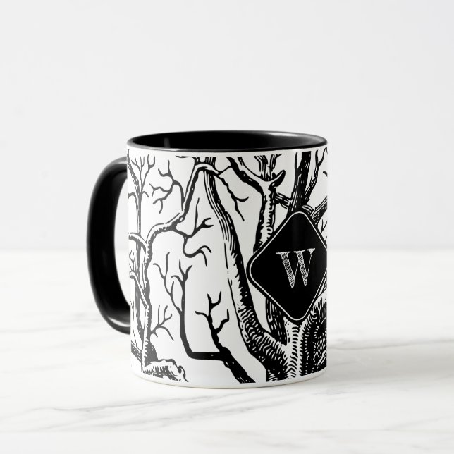 Rustic Black White Abstrakt Träd Grenar Monogram Mugg (Framsida vänster)