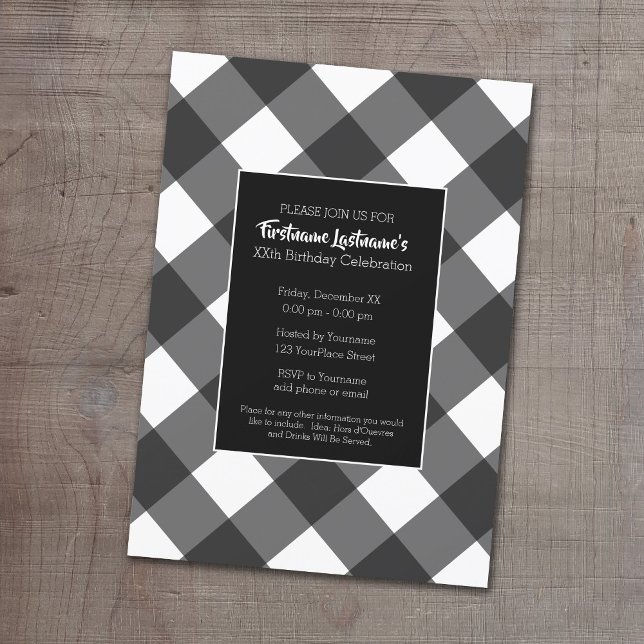 Rustic Black & White Buffalo Check-Födelsedagsfest Inbjudningar (Buffalo Plaid Birthday Party Invitation)