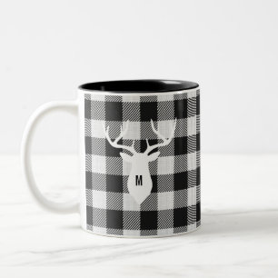 Rustic Black White Buffalo Check Hjort Monogrammed Två-Tonad Mugg