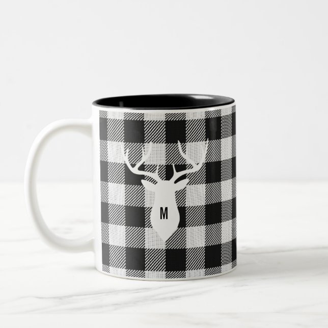 Rustic Black White Buffalo Check Hjort Monogrammed Två-Tonad Mugg (Vänster)