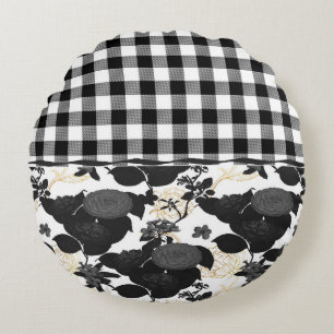 Rustic Black White Buffalo checkar blomma Rund Kudde