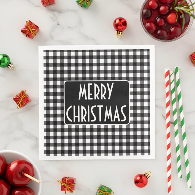 Rustic Black & White Buffalo Plaid Merry Christmas Pappersservett (Skapare uppladdad)