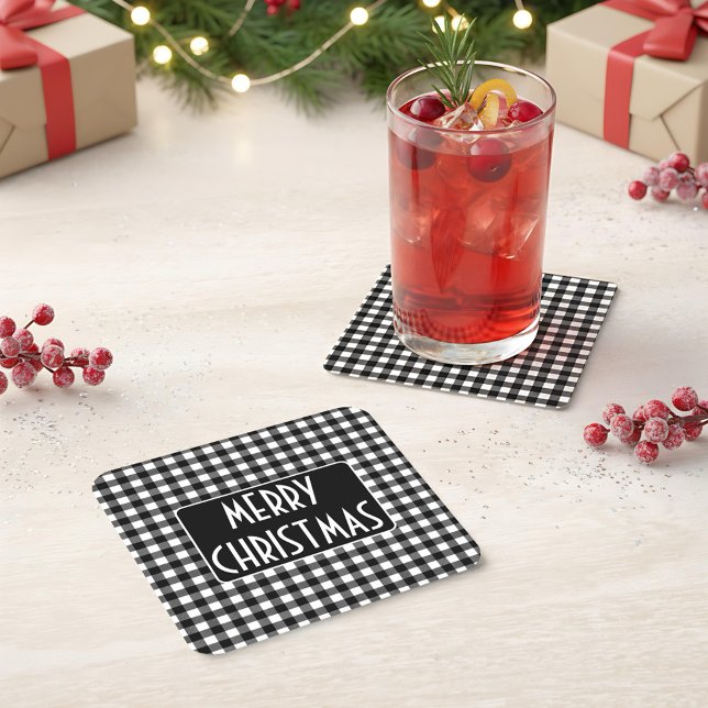 Rustic Black & White Buffalo Plaid Merry Christmas Underlägg Papper Kvadrat (Skapare uppladdad)