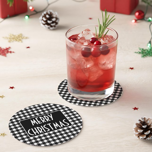 Rustic Black & White Buffalo Plaid Merry Christmas Underlägg Papper Rund (Skapare uppladdad)