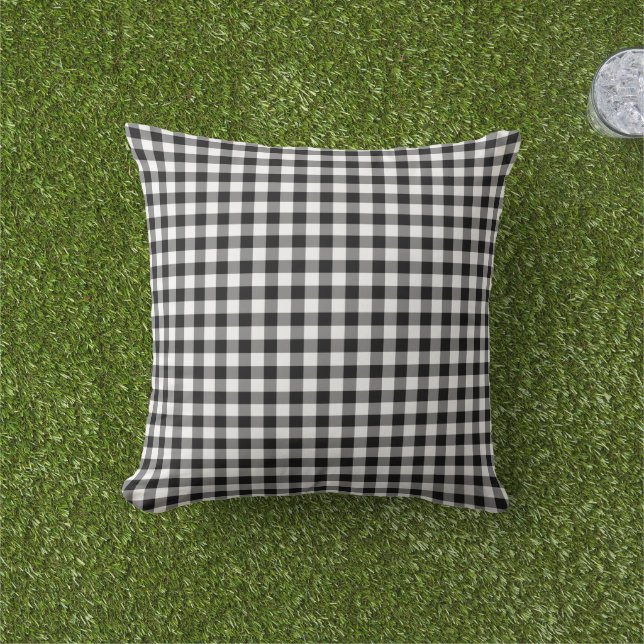Rustic Black White Gingham Checked Mönster Kudde (Gräs)