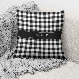Rustic Black & White Gingham Mönster Namn Kudde