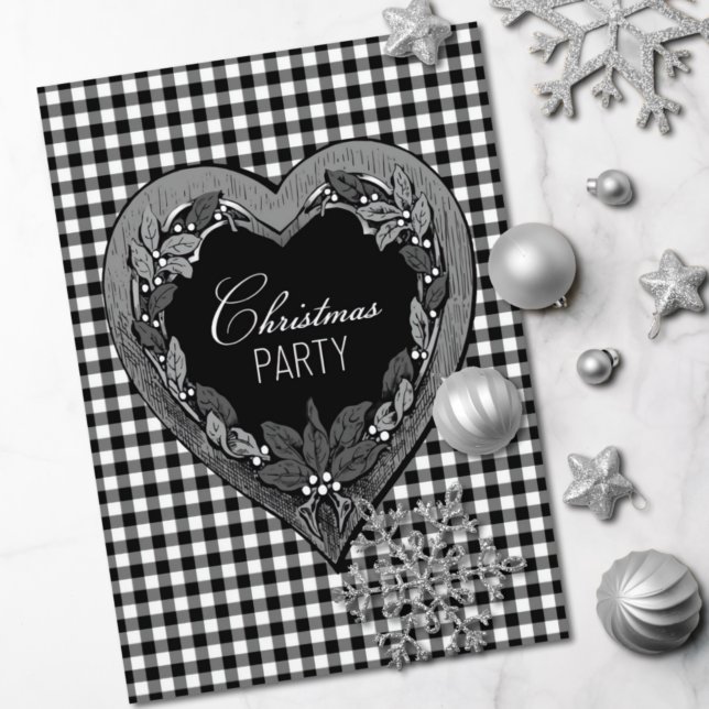 Rustic Black White Heart-jul Party Inbjudningar (Skapare uppladdad)