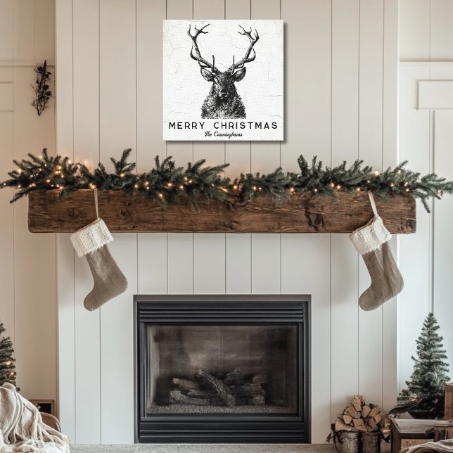 Rustic Black White Hjort - jul, Monogram Canvastryck (Rustic Black White Deer Christmas Monogram Canvas Print)