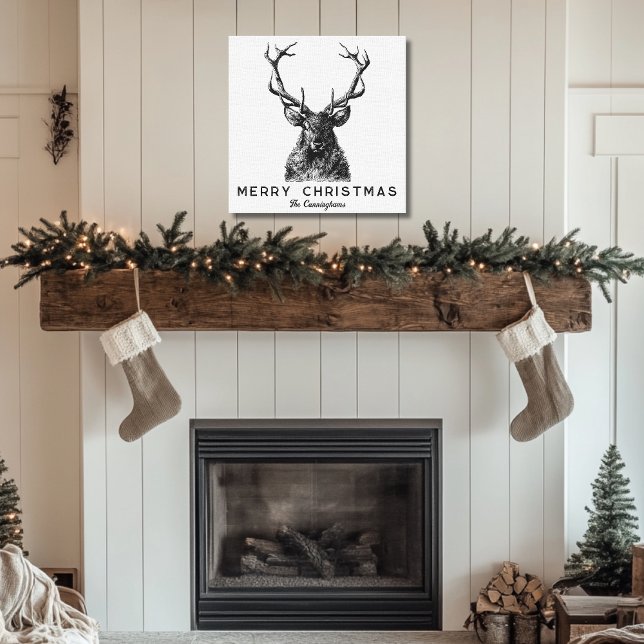 Rustic Black White Hjort - jul, Monogram Canvastryck (Rustic Black White Deer Christmas Monogram Canvas Print)