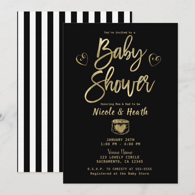 Rustic Black White Rand & Guld Baby Shower Inbjudningar (Fram/baksida)