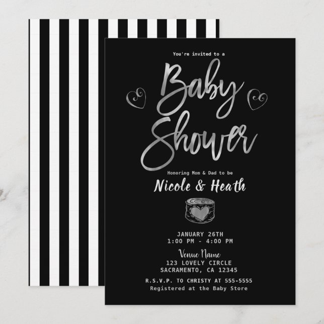 Rustic Black White Rand & Silver Baby Shower Inbjudningar (Fram/baksida)