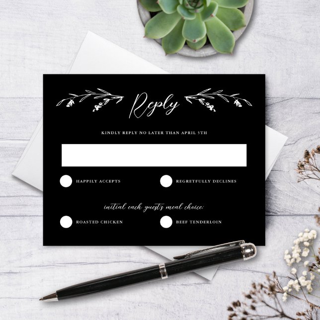 Rustic Black White Wildblomma Bröllop OSA Card Inbjudningar (Skapare uppladdad)