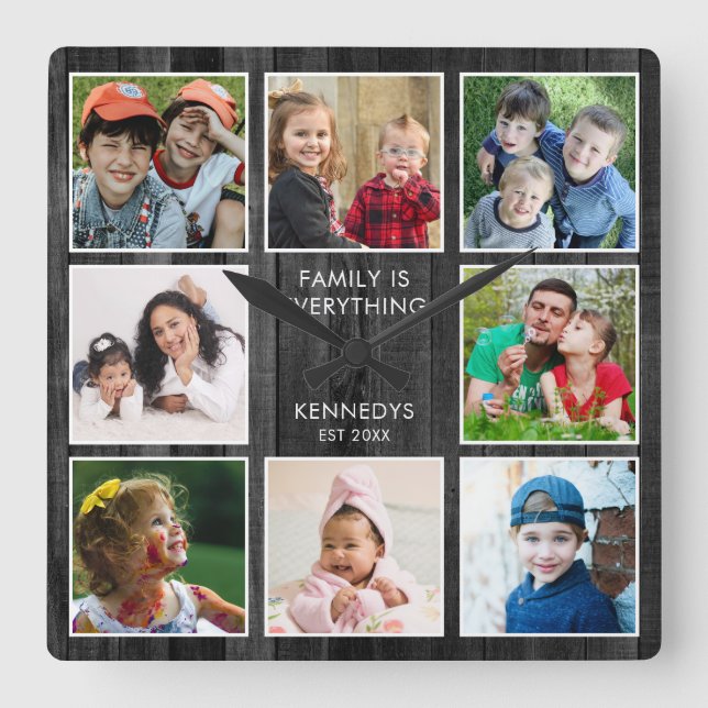 Rustic Black Wood 8 Photo Collage Family Quote  Fyrkantig Klocka (Framsida)