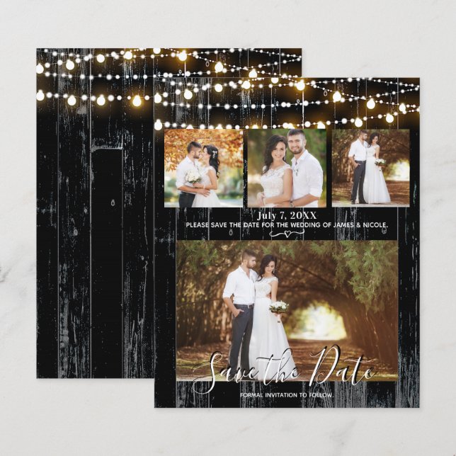 Rustic Black Wood & Ljus 4 Photo Save Date (Fram/baksida)