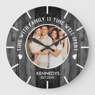Rustic Black Wood One Photo Family Time-citat Stor Klocka