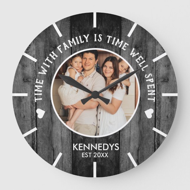 Rustic Black Wood One Photo Family Time-citat Stor Klocka (Front)