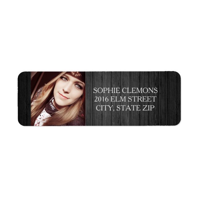 Rustic Black Wood Studenten Photo Adressetiketters Returadress Etikett (Framsidan)