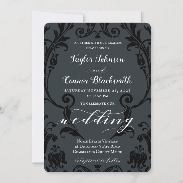 Rustic Blacksmith Calligraphy Black Damask Wedding Inbjudningar (Framsida)