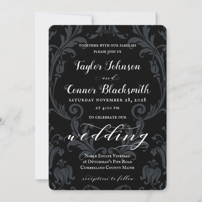 Rustic Blacksmith Calligraphy Black Damask Wedding Inbjudningar (Framsida)