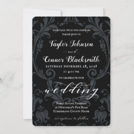 Rustic Blacksmith Calligraphy Black Damask Wedding Inbjudningar