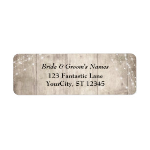 Rustic Blek Brown Wood White Light Strings Bröllop Returadress Etikett