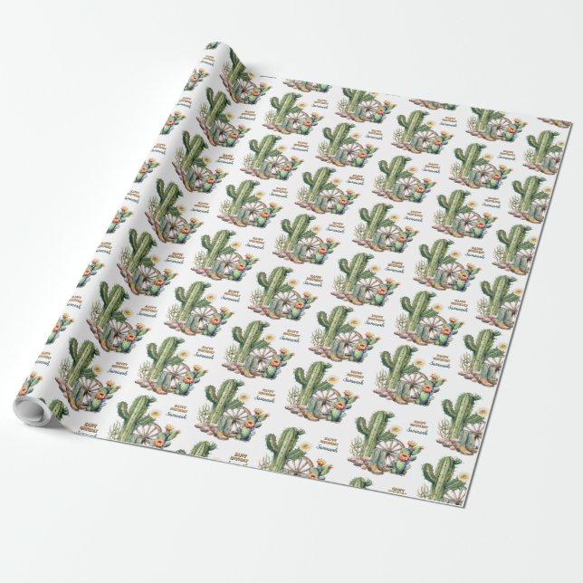 Rustic Blommar Cactus Boots Namn Grattis på födels Presentpapper (Utrullad)