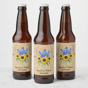 Rustic Blommigt Antlers Wedding Favor Ölflaska Etikett