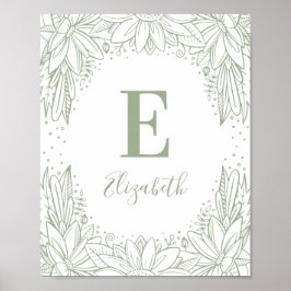 Rustic blommigt baby monogram. Land grönt plantsko Poster