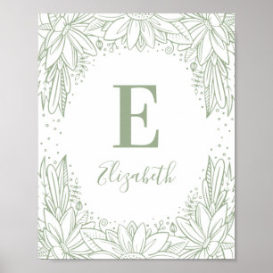Rustic blommigt baby monogram. Land grönt plantsko Poster